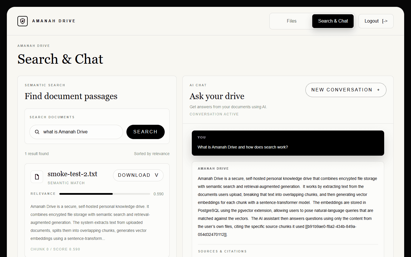 Amanah Drive semantic search and AI chat dashboard